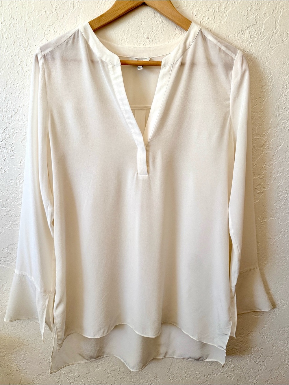 Joie-Silk Blouse-Split Neck Banded Collar Tunic Long Sleeves Flare Cuff-Cream-S